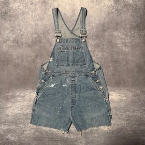 VTG GAP Denim Shortalls Womens XS Blue Carpenter Overalls Paint Splatter 2001